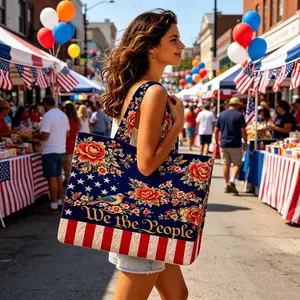 1pc Patriotic Floral American Flag Quilted Tote Bag, "We the People" Vintage 4th of July Shoulder Bag, Large Capacity Lightweight Tote, Durable for Shopping, Travel & Daily Commute