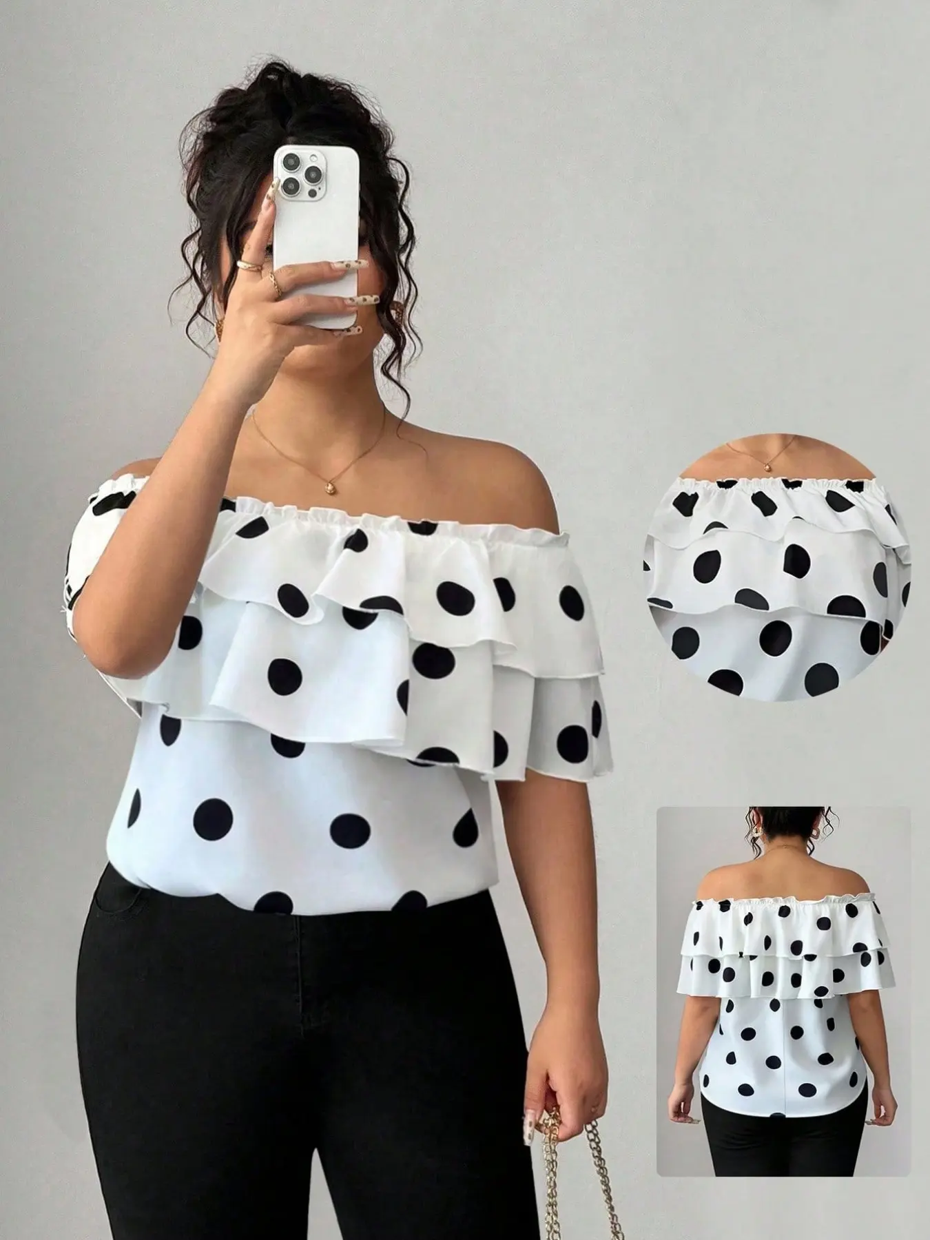 Women's Plus-Size Off-Shoulder Polka Dot Ruffled Chic Blouse, Layered Flowy Elegant Top for Party and Date Night