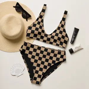 70s Groovy Tan Checkered Bikini Set  Retro Hippie Crop Top Bikini  Vintage High Waisted Swim Suit  Checker Bikini Swim Suit