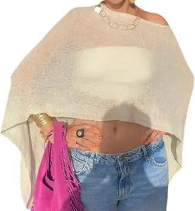 Women Sheer Poncho Top Lightweight Knit Crochet Shrug Bolero Mesh Batwing Sleeve Sweater Cover Up Beachwear