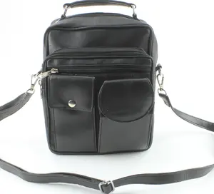 Smooth Black Leather Compact Unisex Crossbody Bag with Multi-Pocket Front