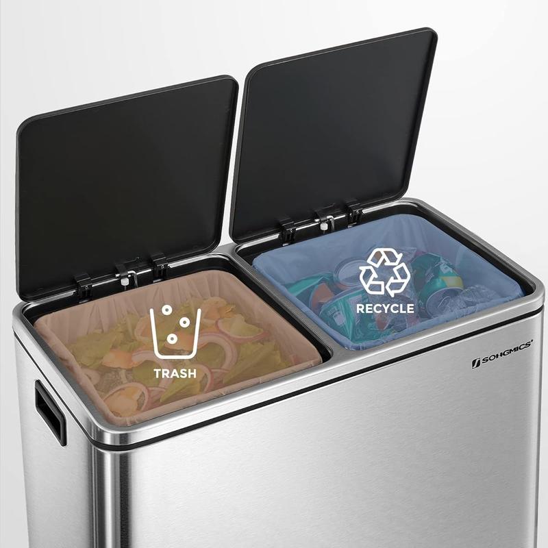 SONGMICS Stainless Steel Trash Can Garage Can Multi-Compartment Plastic Inner Buckets and Hinged Lids Soft Closure Kitchen SONGMICS Stainless Steel Trash Can Garage Can Multi-Compartment Plastic Inner Buckets and Hinged Lids Soft Closure Kitchen
