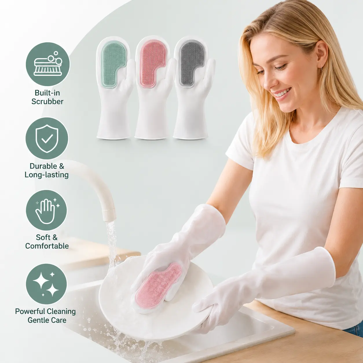 1 Count, reusable waterproof cleaning gloves with built-in silicone scrubber, non-slip kitchen gloves for dish washing pot scrubbing household chores