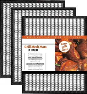 Grill Mesh Mat Set of 3 - Heavy Duty BBQ Non-stick Cooking Sheet Liners  Teflon Barbecue Grilling Net for Outdoor , Pellet, Gas, Charcoal Grills (15.7x13 Inch)