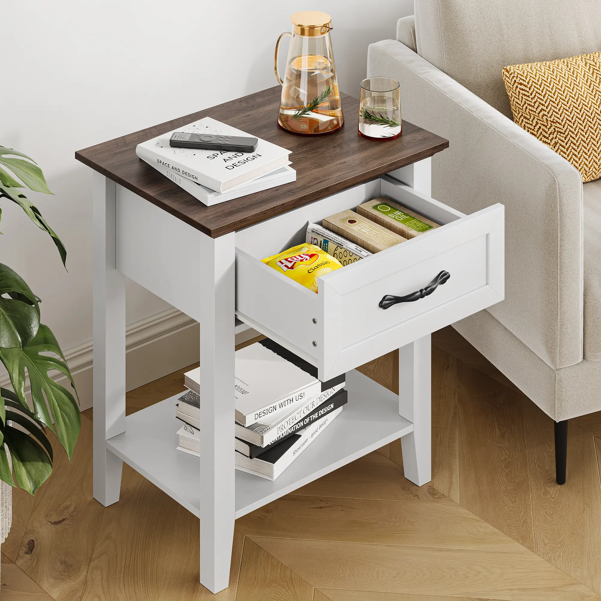 2-Piece Set Bedside Cabinets, Modern Wood Square Nightstands with Storage Drawer, 2-Tier Shelf Sorting & Chamfered Corners, Pairs of Indoor Side Tables for Bedroom, White & Grey Furniture