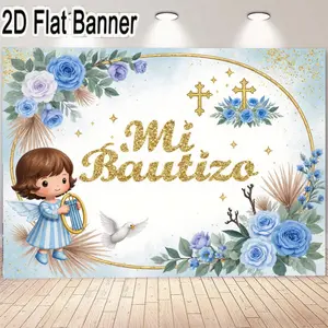 2D flat banner, 1pcMi Bautizo Banner - Baptism Decorations with Whimsical Blue Floral Designs, Gold Text, Angel with Harp, Religious Crosses and Dove for Special Celebration Events, Perfect for Church or Home Decor