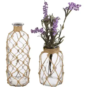 Small Glass Vases , Set of 2 Coastal Flower Vase with Rope Wrapping for Tables Centerpieces, Nautical Home Decor