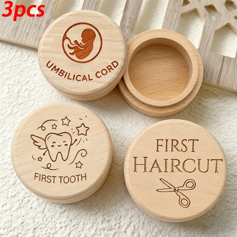 3-piece wooden Eco Friendly storage box set, including "first tooth" box, "first haircut" box, "umbilical cord" box, "tooth preservation box", "birth souvenir", and Dustproof storage box, Containers With Lids, Dustproof Organizers