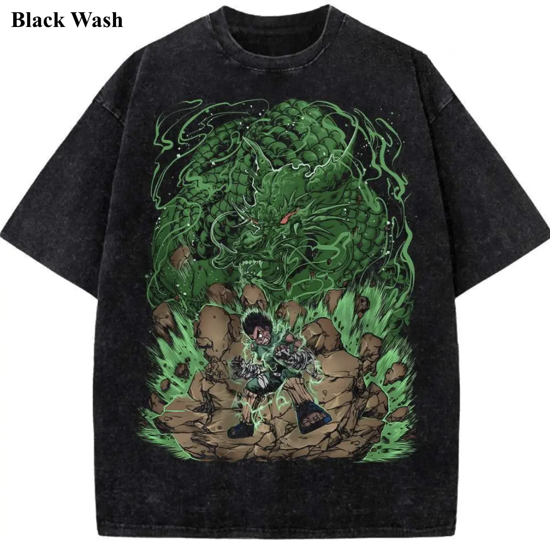 Rock Lee Dragon Vintage Wash Tee, Naruto T-shirt, Anime Graphic Tees, Unisex Shirt, Anime Gift For Fan, Gym Workout Shirt, Menswear Womenswear Crew Neck Oversize Fit Heavy Cotton