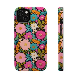 Embroidered Flowers Phone Case, Mag Safe Compatible, Magnetic Tough Cases