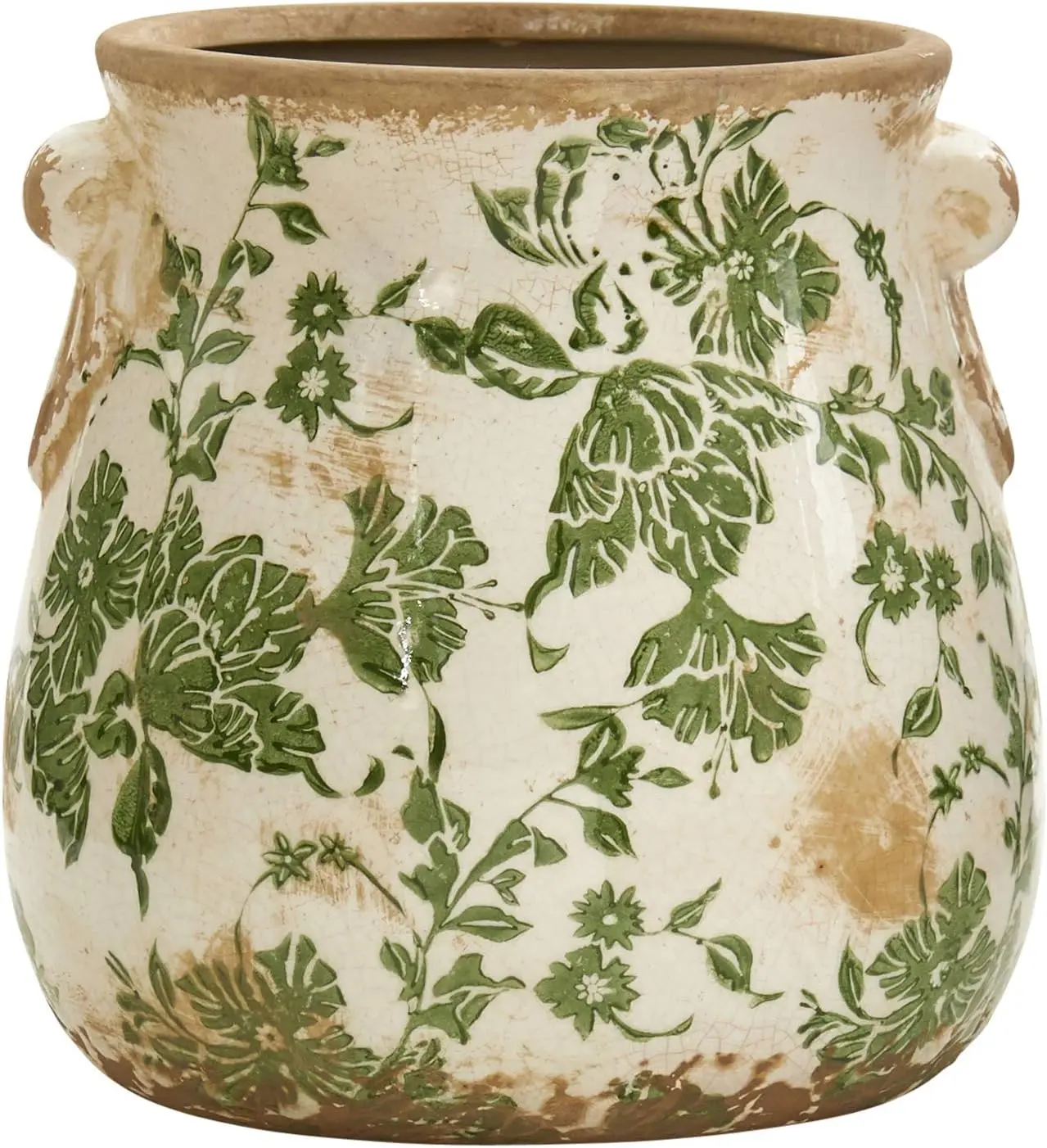 Nearly Natural 6.5in Ceramic Decorative Vase Tuscan Style Green Floral Scroll Design for Indoor Home Decor Centerpieces Tables Small Flower Vases