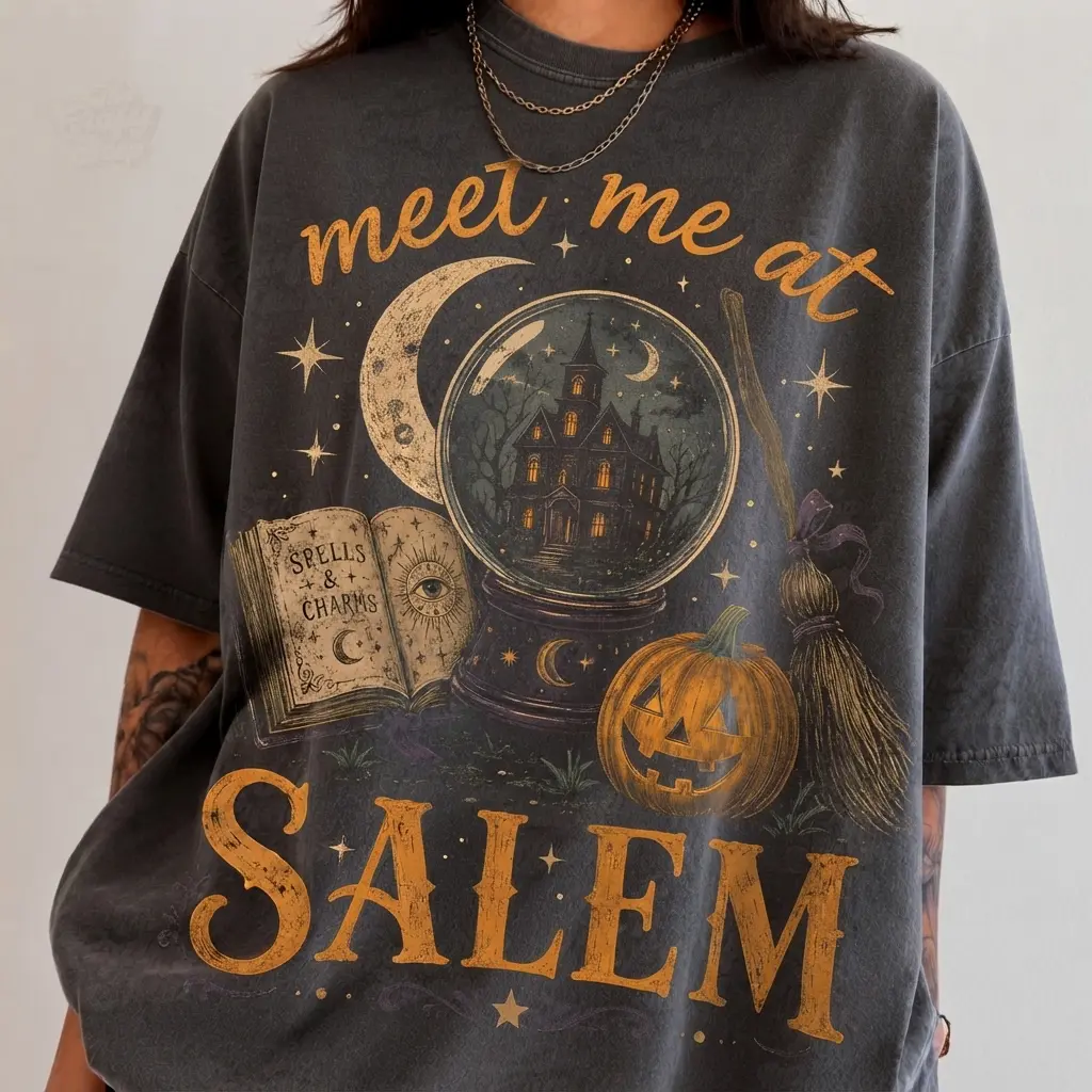 Meet Me at Salem Halloween Graphic Comfort Colors Shirt, Vintage Witchy Crystal Ball Pumpkin Tee, Spooky Season Haunted House Shirt for Women**