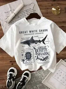 Women's White Loose T-Shirt - Great White Shark Anatomy Popular Science Print Casual Short Sleeve Top for Marine Life Enthusiasts