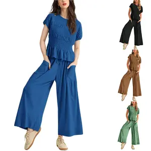 Naeduo Women's 2-Piece Smocked Top & Wide-Leg Pants Set - High-Waisted Lounge Outfit with Pockets Casual Boho Matching Set in Soft Breathable Fabric SpringStatements