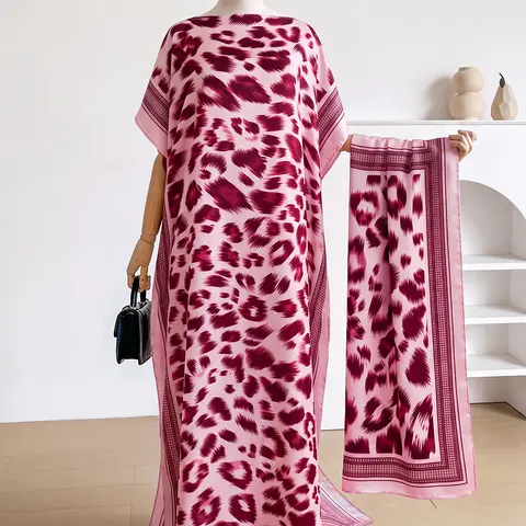 Women Printed Kaftan Abaya , Flowy Long Dress with Matching Shawl, Plus Size Formal & Vacation Gown