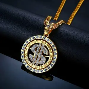 Dollar Pendant Necklace Hip Hop Round Money Symbol Jewelry Zircon Stainless Steel Cuban Chain Necklace Party Club Street Festival Fashion Gift For Men Women Unisex Trendy Iced Out Bling Statement Accessories