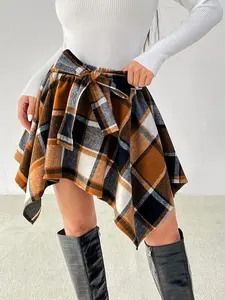 Women's Fashion Plaid Skirt, Knee Length Draped Design, Fitted A-Type, Casual Fall & Winter Wear, Ideal for Home, Indoor, Outdoor