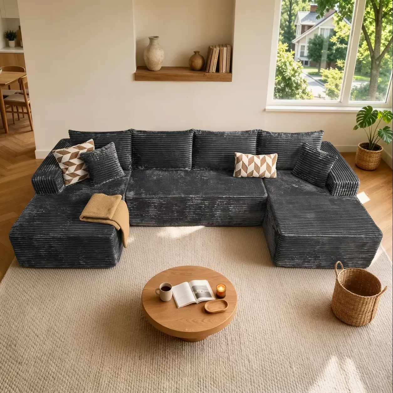 132" Grey Corduroy Boneless Modular Sectional Sofa, Cloud Comfort Deep Seat U-Shaped Sofa with Double Chaise, for Living Room & Bedroom, Ships in 2 Packages