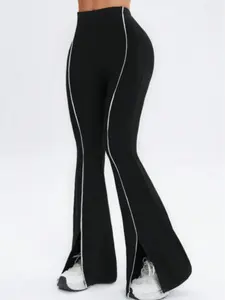 Women's Colorblock Split Knit High Waist Yoga Flare Pants, Casual Running Split Leg Long Pants, 1 Piece Set