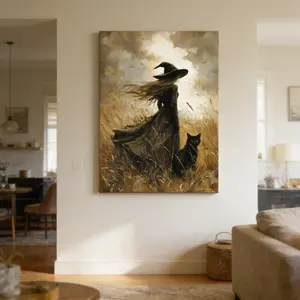 Witch and Black Cat Poster in a Field, Witch-themed Wall Decoration, Suitable for Living Rooms and Interior Rooms