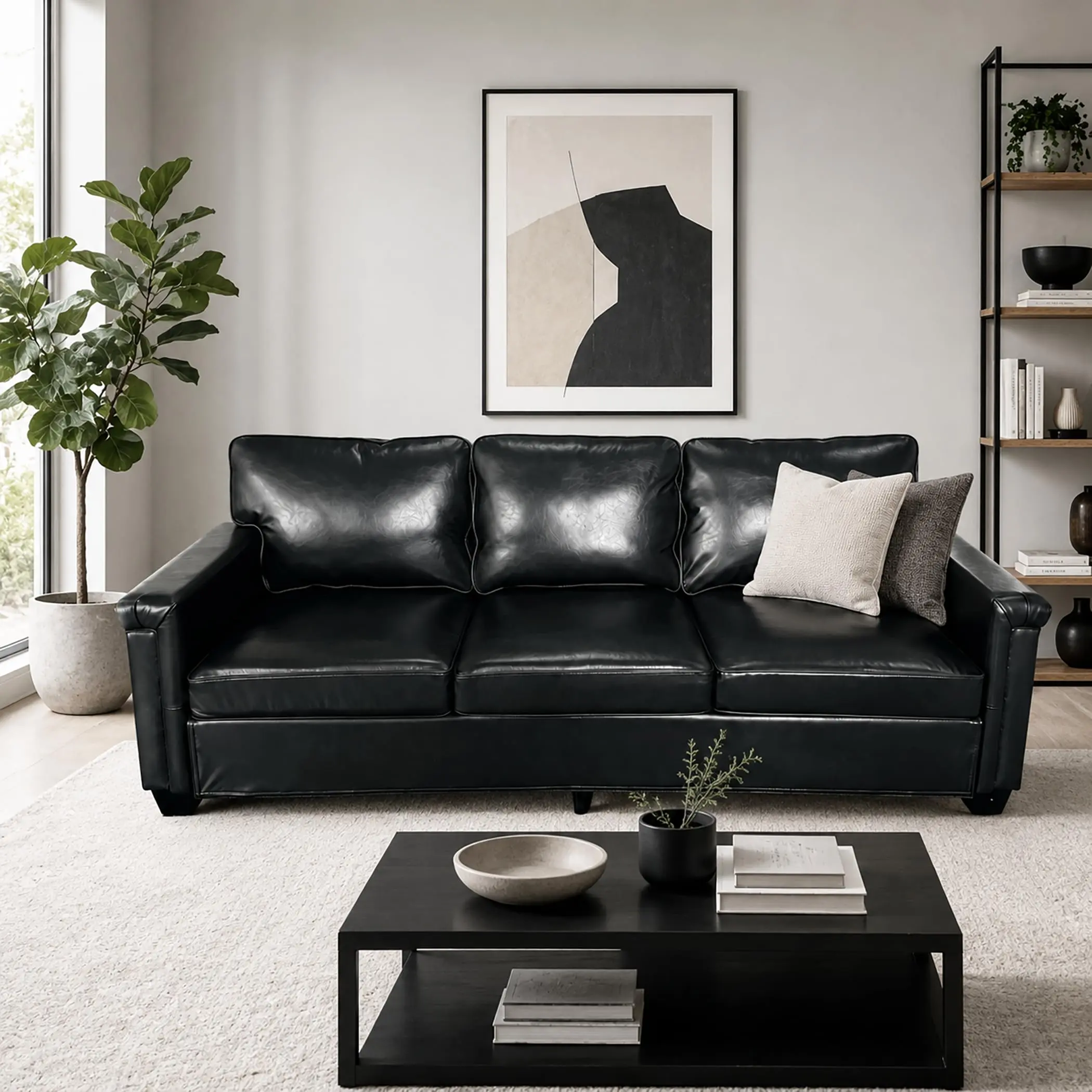 Garvee Upgraded 87.8 Inch Modern 3-Seater Leather Sofa with Deep Seat, Padded Backrest, Firm Support Cushions, Wide Square Arms, Heavy Duty Frame, Removable Cushions, Ideal for Living Room, Bedroom, Office in Black, Brown, Cognac
