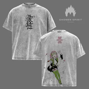 Mitsuri Kanroji Demon Slayer Washed Oversized Vintage T-Shirt, Love Pillar Double Sided Heavy Cotton Graphic Tee, Retro Anime Inspired Streetwear