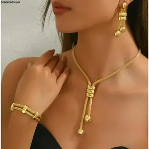 18K Electroplated Jewelry Set, Double Layer Necklace, Geometric Tassel Earrings and Woven Bracelet, Anti-allergy Fade Resistant Elegant Accessories, Daily Gift for Women