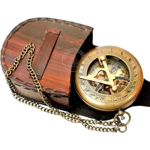 Brass Sundial Compass with Leather Case and Chain - Push Open Compass - Steampunk Accessory - Antiquated Finish - Beautiful Handmade Gift - Sundial Clock