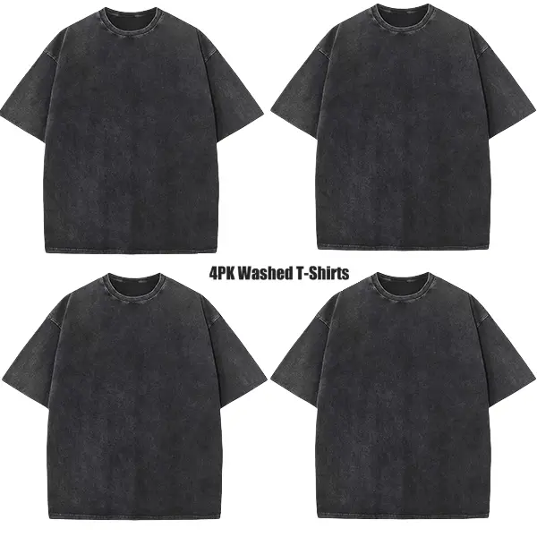 BACK TO SCHOOLMen's 4-Pack Pure Cotton Basic Vintage Washed Oversized Round Neck T-Shirts - Breathable Preppy Grunge Streetwear Top, Cargo Hem, Layer-Friendly Unisex Short-Sleeve, Boutique Designs, Solid/Mixed Colors, Brand Apparel, Precision Double-Stitc