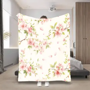 1Pc Flannel Throw Blanket, Pink Flowers Green Leaves White Background Suitable For Home Decoration And Daily Comfort, Polyester Material, Machine Washable Father'S Day, Valentine'S Day, Christmas