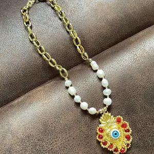 Statement handmade embroidery pendant and automatic natural beads pearls 10 mm