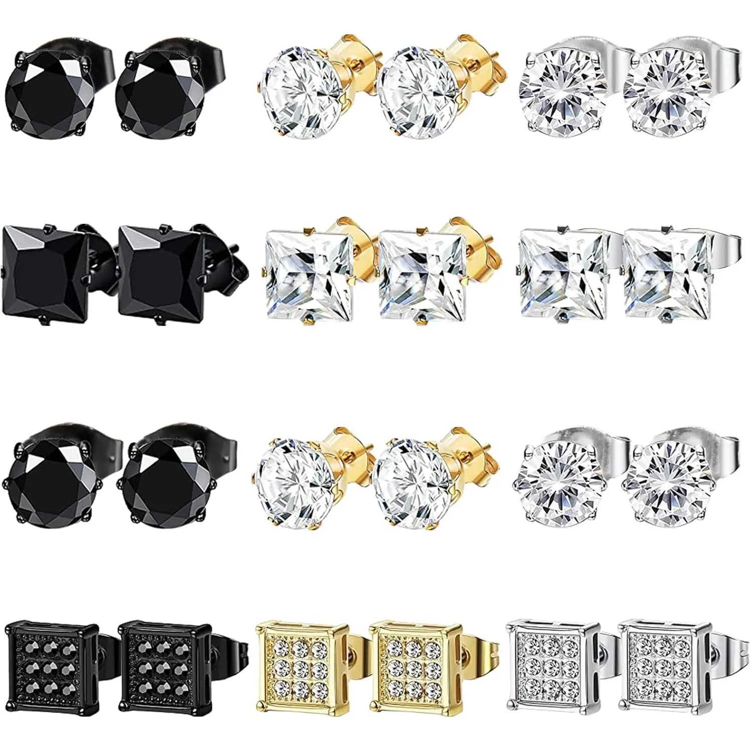12 Pairs Hypoallergenic Stainless Steel Stud Earrings Inlaid with Cubic Zirconia, Ear Accessories & Hypoallergenic Jewelry for Men (Suitable for Women)