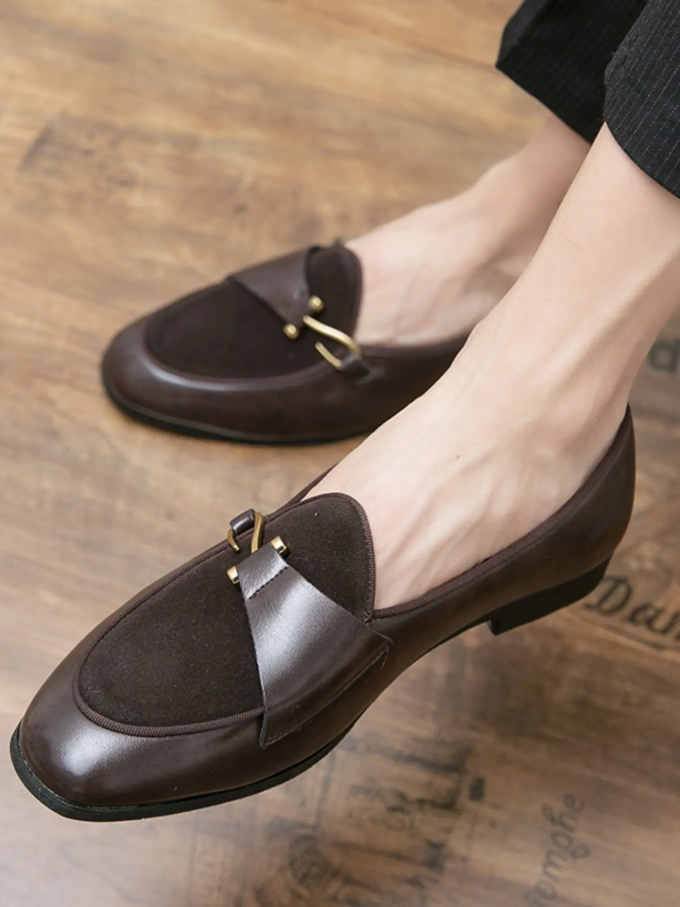 Men's British Style Slip-On Flat Pointed Toe Leather Shoes, Casual Patchwork Loafers for All Seasons, Versatile Business Streetwear, PU Leather Footwear