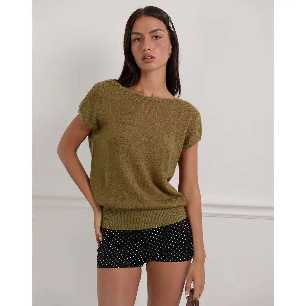 MOTEL Sinda Scoopback Top in Knit Olive, Ribbed, Cap