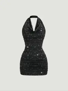 Women's Spring Summer New Fashion Comfortable Knitted Halter V-Neck Backless Slimming Waist Bodycon Elegant Backless Dress, Perfect for Parties and Casual, Womenswear