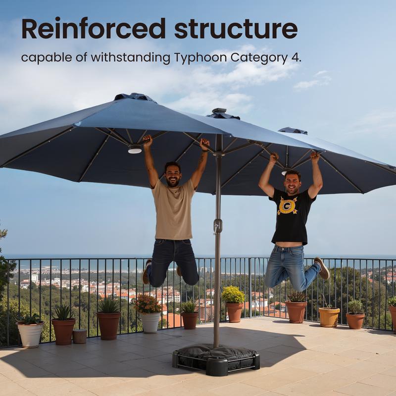 【Solar Lights Umbrella & Table】Ovios 15ft Double-Sided Patio Solar Lights Umbrella with 25" Coffee Table , Outdoor Large Umbrellas with Crank Handle and 36 LED Lights, Rectangular Market Umbrella with Base Included for Deck Pool Shade