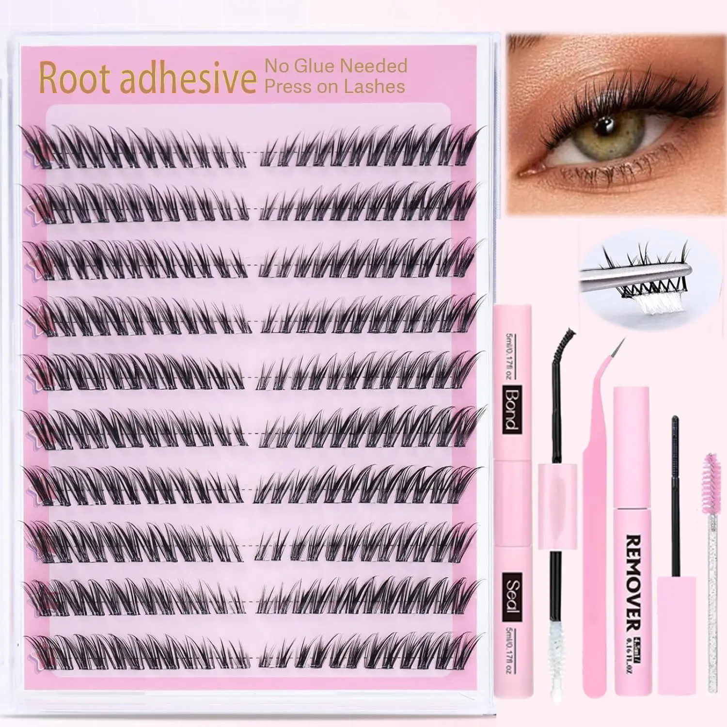 Self Adhesive Eyelashes Kit, 1 Box Clusters Fluffy False Eyelashes with Eyelash Glue & Remover & Tweezers & Brush, Eye Makeup Product for Women & Girls, Cosmetic, Easy Diy Eyelashes, DIY Eyelash Extensions, Individual False Eyelash