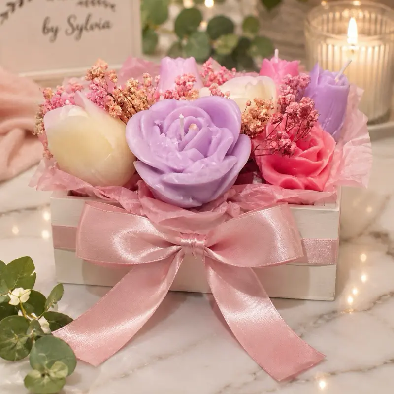 Handmade Flower Candle Bouquet – Pink, Purple & White Rose Candles – Unique Gift