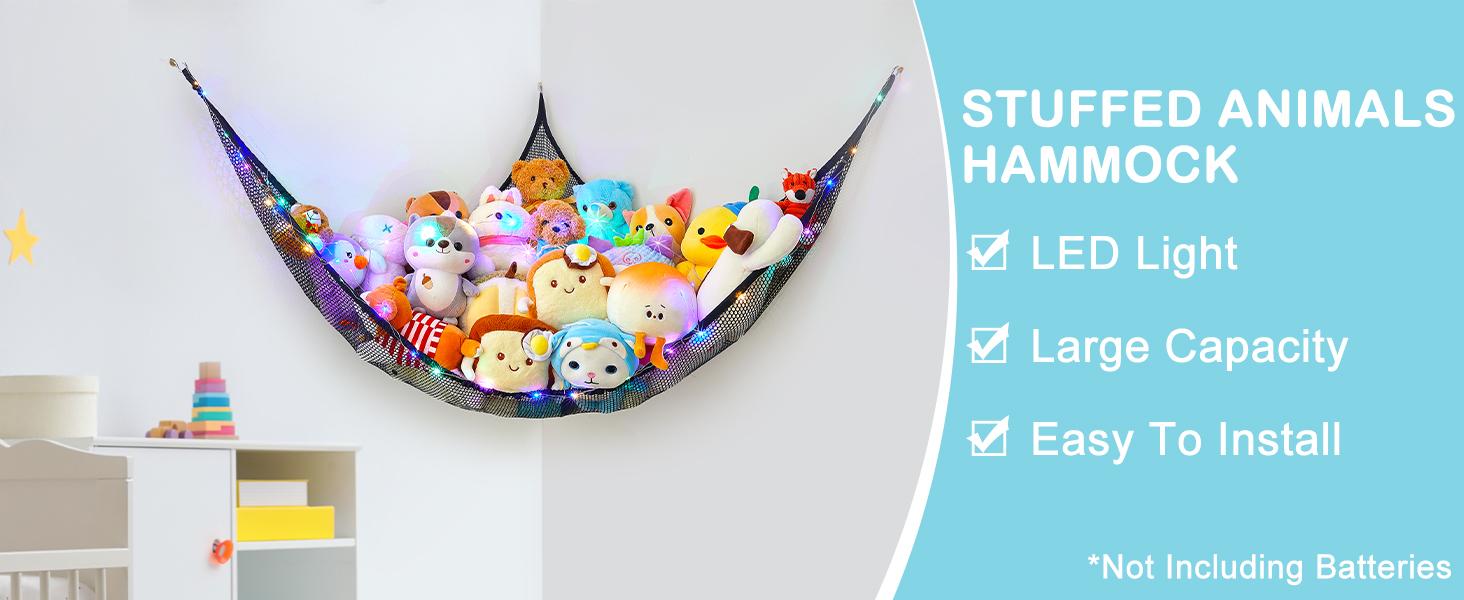 Castle Stuffed Animals Net or Hammock Kids Toy Storage Organizer with LED Light Hanging Corner Stuffed Animals Holder Kids Girls Room Decor,Black,Large (Pack of 1)