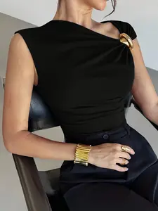 1 Piece Elegant One-shoulder Ruched Fitted Top, Sophisticated Commute Style