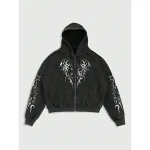 Men's Print Zip-Up Drawstring Hoodie Sweatshirt With Sherpa Lined