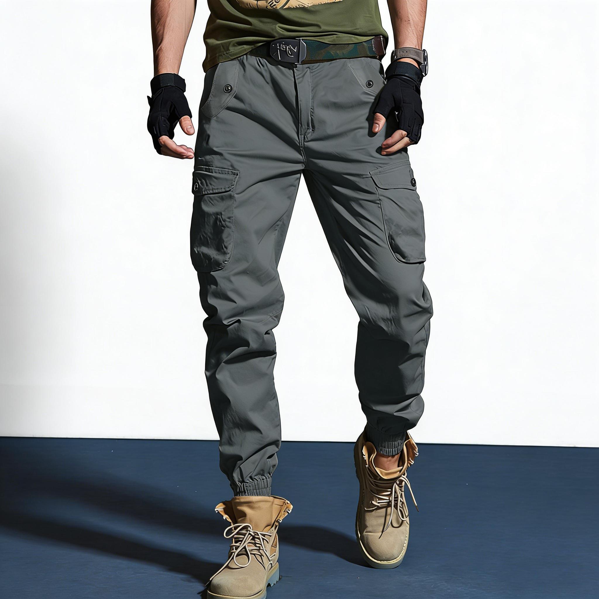 Two-pack: woven plain fabric and solid-color men’s cargo pants featuring an elastic waistband with drawstring, a loose straight tapered fit, multiple pockets including large pockets—ideal for everyday casual wear and work, perfect for cargo outfits and ou