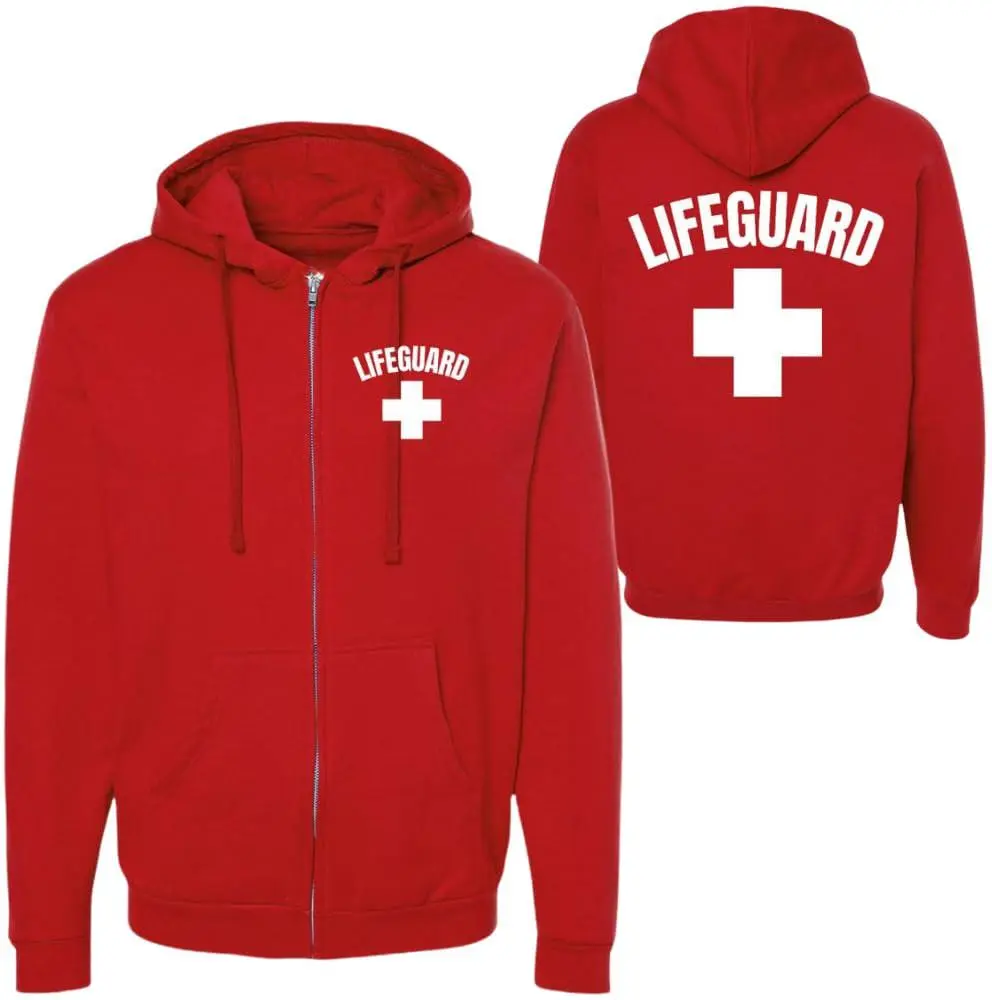Women's Lifeguard Full-Zip Hooded Neck Sweatshirt - Premium Loose-Fitting Polycotton Blend, Cross Print, High Visibility, Pre-Shrunken, Comfy Long-Sleeve Top for Outdoor Beach Safety & Casual Wear, Outdoors