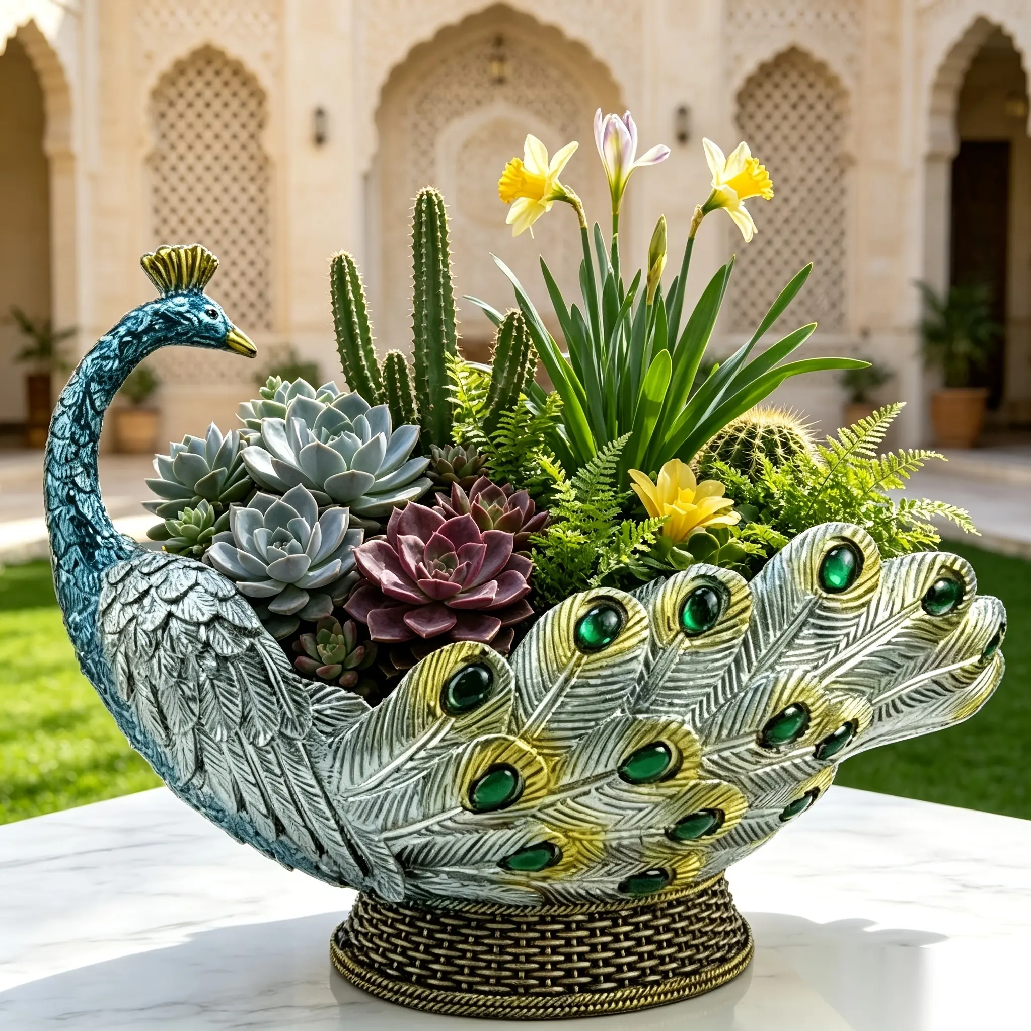 1 hand-painted resin peacock flower pot, peacock sculpture in blue-green color scheme inlaid with ruby stones, planter for succulents and cacti, decorative ornament for indoor desktops and balcony gardening, Christmas gift for plant lovers