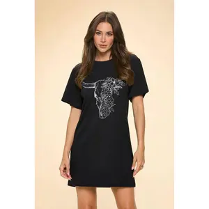 Floral Longhorn Western Graphic Tunic Top - Premium Washed Cotton Midi Dress for Casual Wear Vintage Womenswear Summer Tshirt Crewneck Shortsleeve