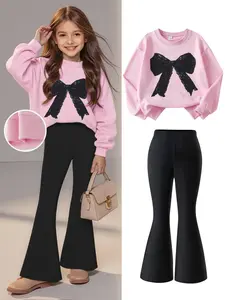 Girls' Cute Bow Print Round Neck Sweatshirt Set with Bell Bottom Pants, Outdoor Sports Essential, School Daily Fall Winter Clothing, Girl Clothes School