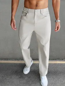 Men's Solid Button Pocket Straight Leg Pants, Regular Fit Casual Comfy Trousers for Work Office Business Daily Wear, Men's Bottoms for All Seasons