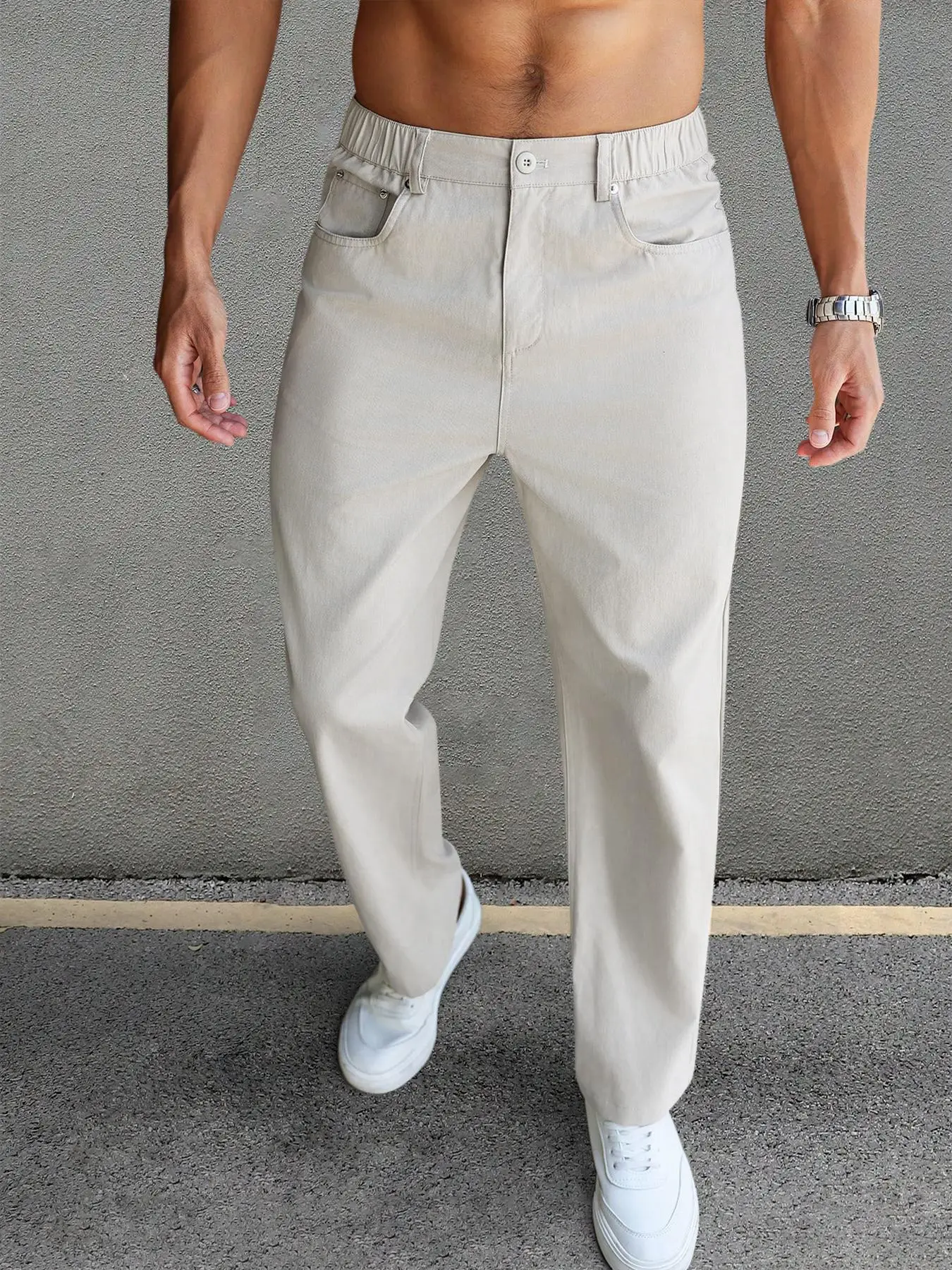 Men's Solid Button Pocket Straight Leg Pants, Regular Fit Casual Comfy Trousers for Work Office Business Daily Wear, Men's Bottoms for All Seasons, Ca