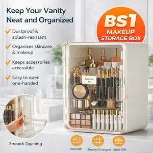 Large Capacity Makeup Organizer Box, Desktop Cosmetic Storage with Brush Holder, Multi-Compartment Makeup Tool Organizer for Bedroom, Bathroom & Vanity