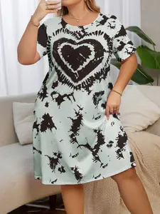 Summer New Plus Size Women's Comfortable Casual Sleepwear Loungewear, Full Print Round Neck Short Sleeve Nightgown, Dreamy Filter Home Vacation Wear